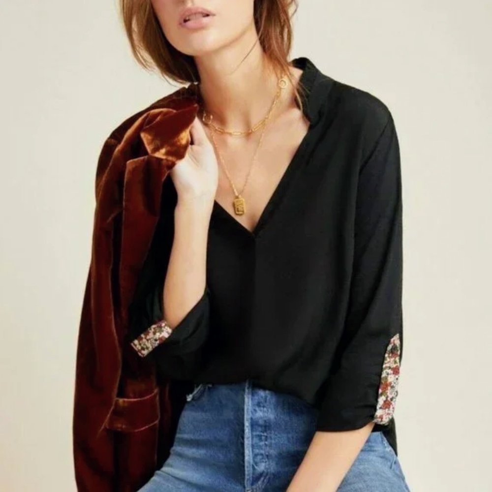 Anthropologie Black Blouse with Floral Accents NWT